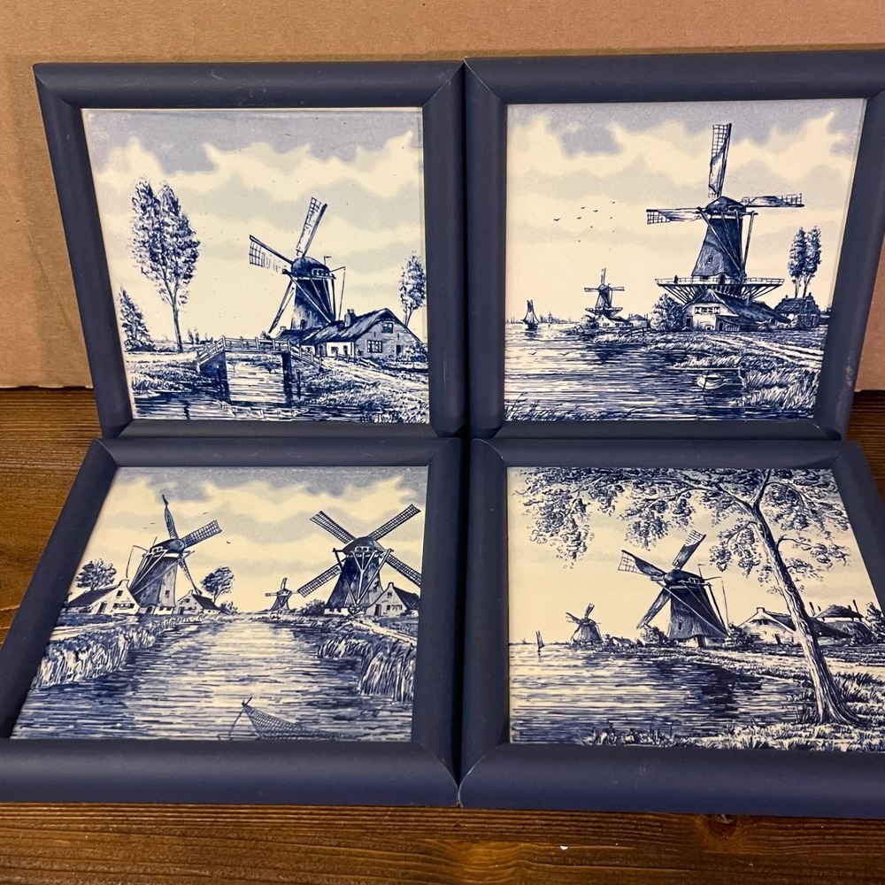 Vintage Delft Blue Framed Ceramic Tiles Set of 4 Dutch Windmill Landscape